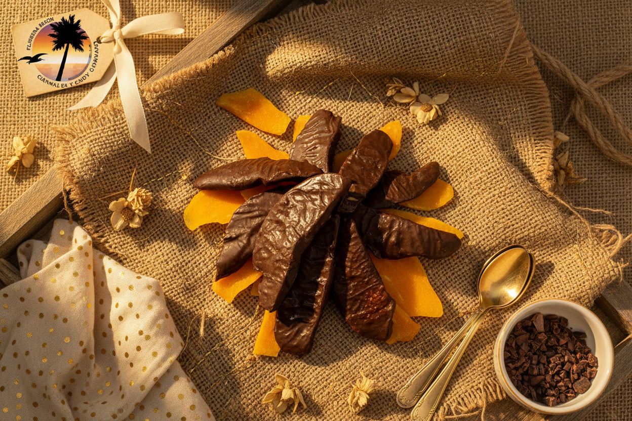 Dried mango with a brand logo in the corner